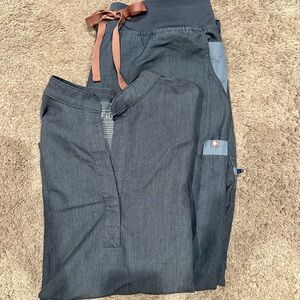 Figs Navy Blue Scrub Set with Brown Accents